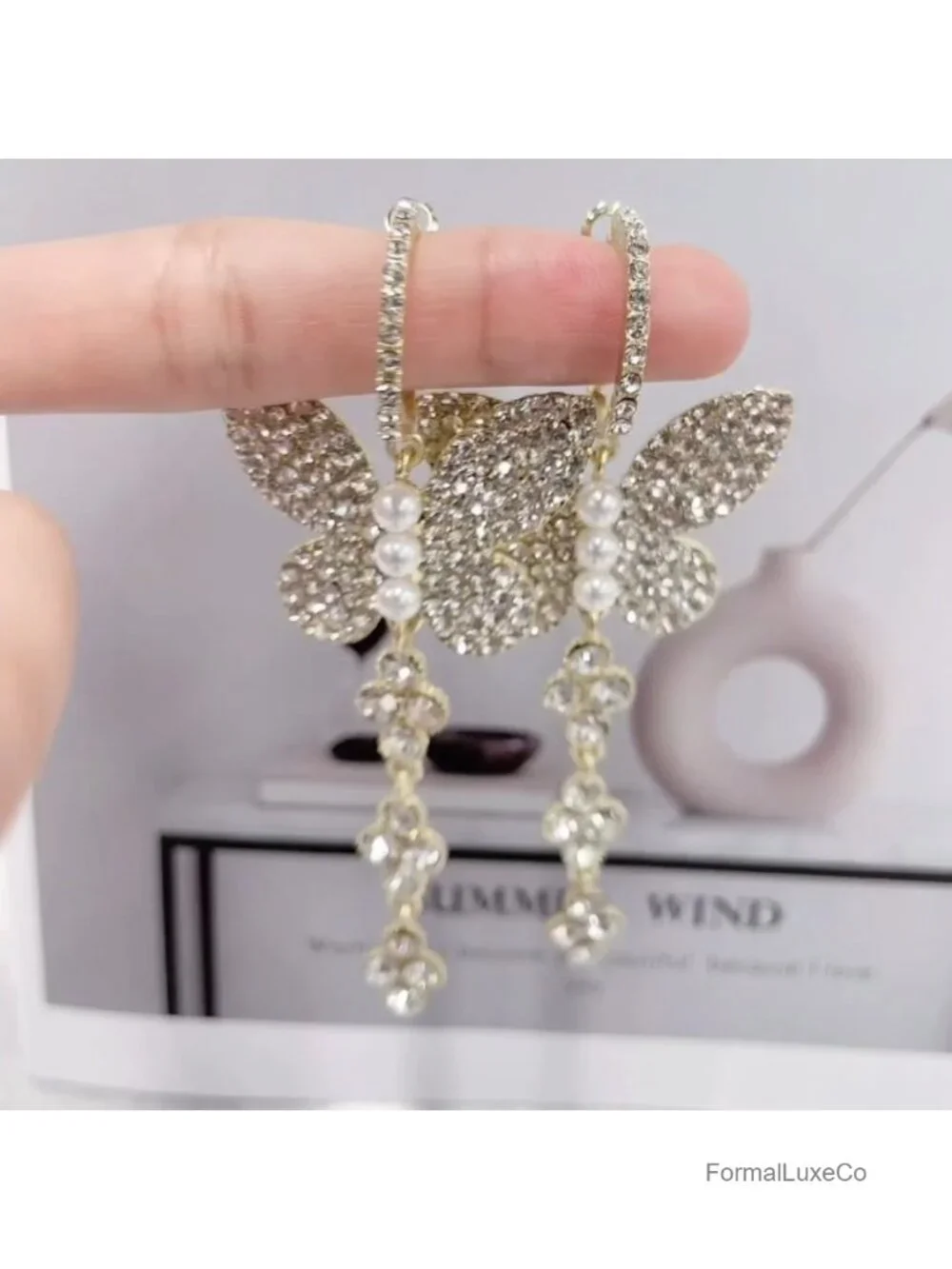 Crystal Butterfly Dangle Drop Hoop Earrings Gold Plated Huggie Pearl Cubic